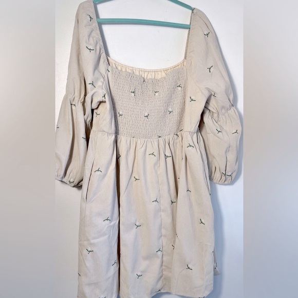 DAVI & DANI Corduroy Fabric embroidered Bib floral print Mini Dress in cream tan - Picture 11 of 11